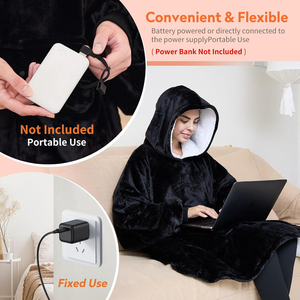 Wearable Heated Blanket Hoodie, USB Heated Oversized Hooded Blanket