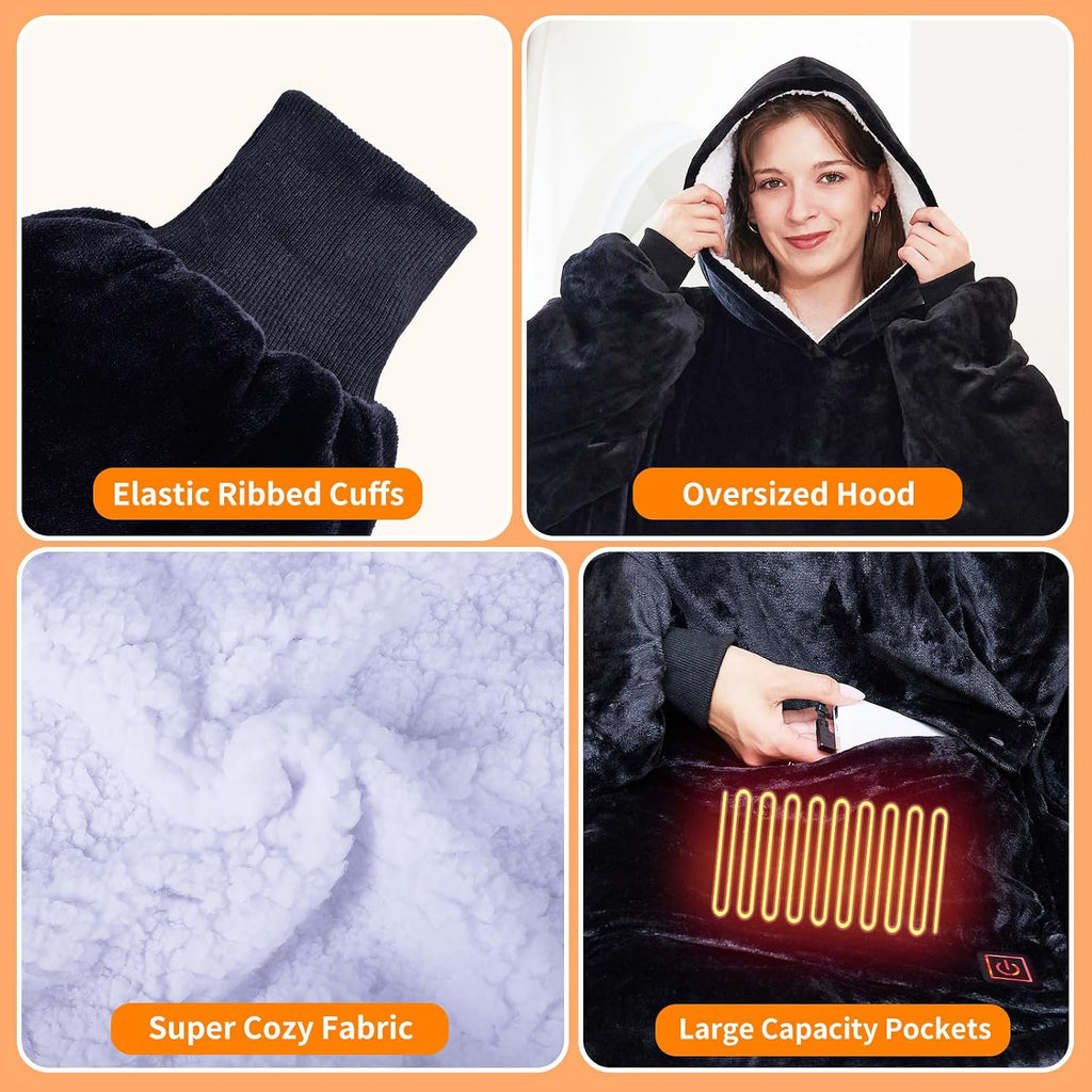 Wearable Heated Blanket Hoodie, USB Heated Oversized Hooded Blanket